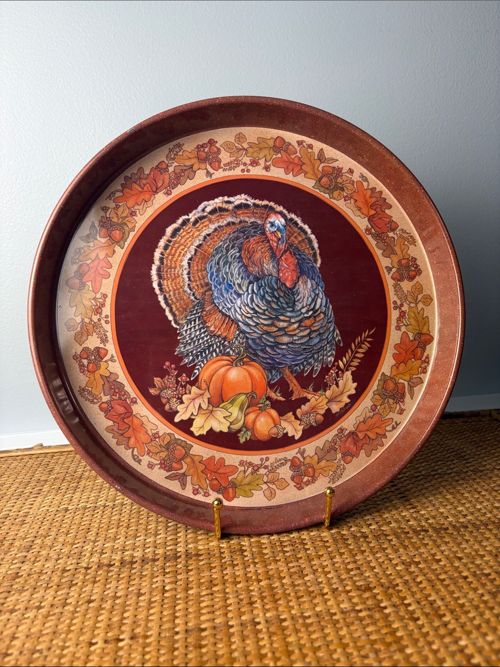 Festive 12" Turkey Round Enamel Tin Tray in Rich Brown and Orange, by Giftco